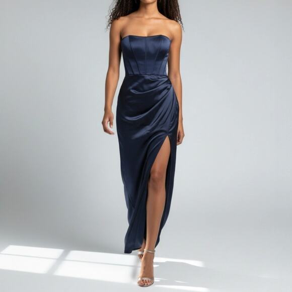 After Six Dresses & Skirts - After Six Blue Satin Corset Draped Column Skirt Formal Maxi Dress Size 2R NWT